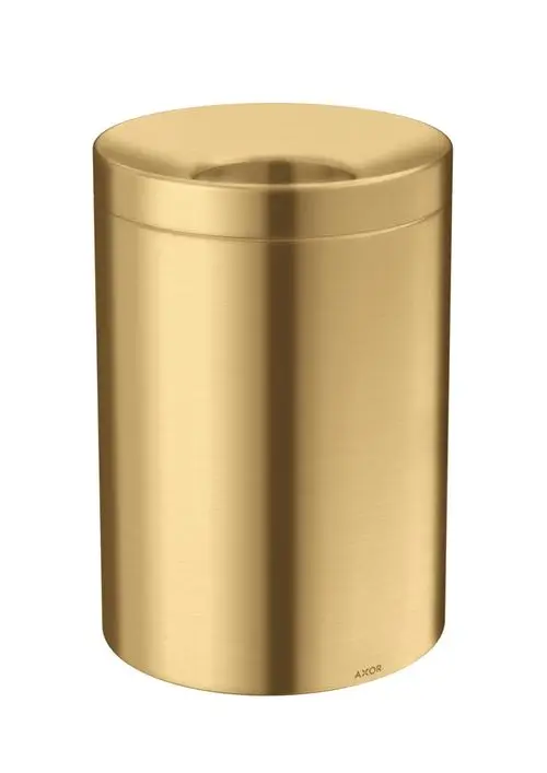 Goldfarbener Abfalleimer mit gebürsteter Oberfläche, zylindrisch und mit Deckel, von der Marke AXOR.